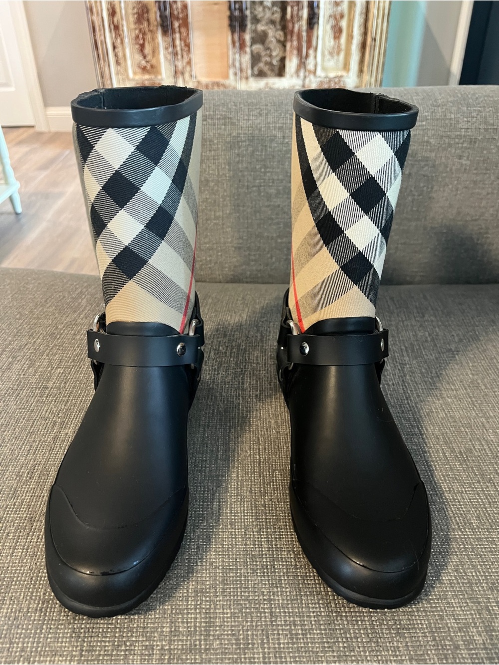Burberry Plaid Rubber Rain Boots, Size 37